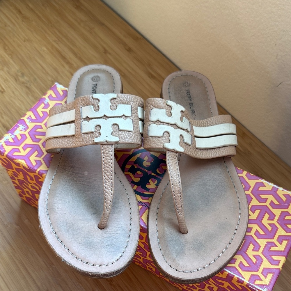 Tory Burch Tan and Cream Miller Thong Sandals